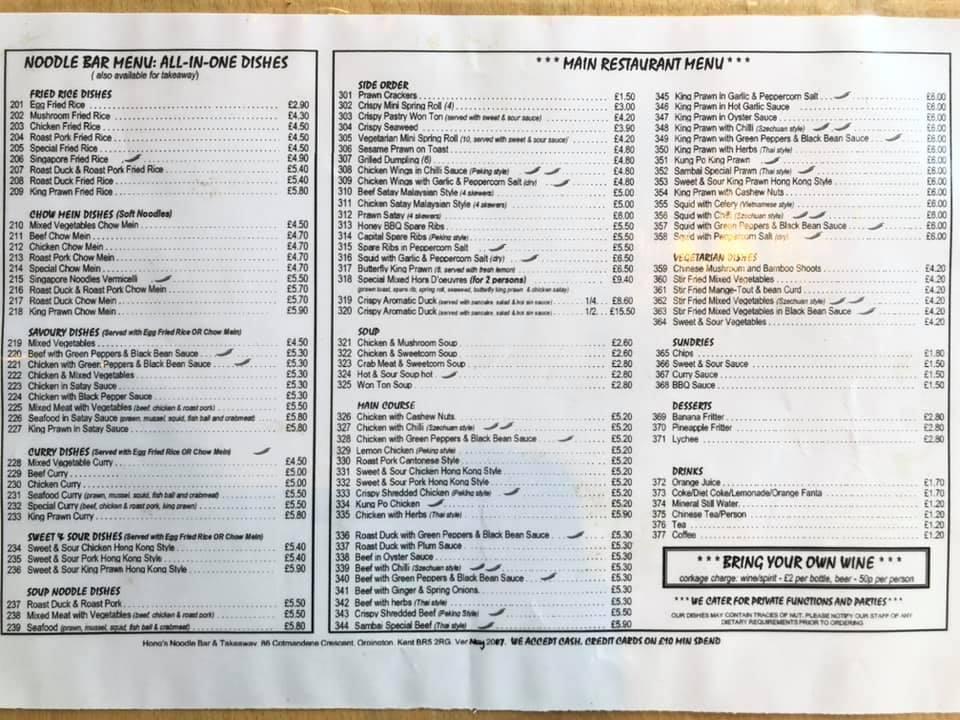 Menu at Hong's Noodle Bar, Orpington