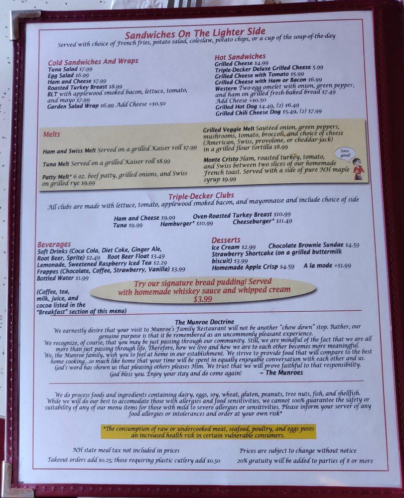 Menu at Munroe's Family Restaurant, Carroll
