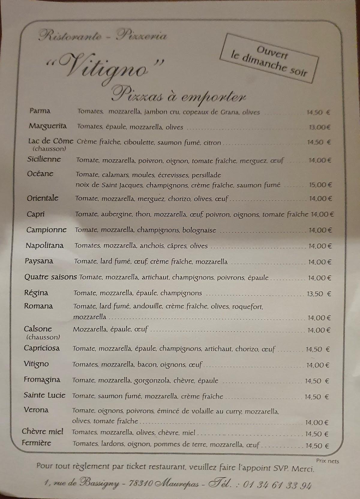 Menu at Pizzéria Vitigno restaurant, Maurepas