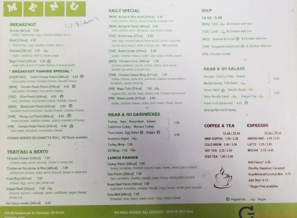 Menu at Garfields Cafe, Portland