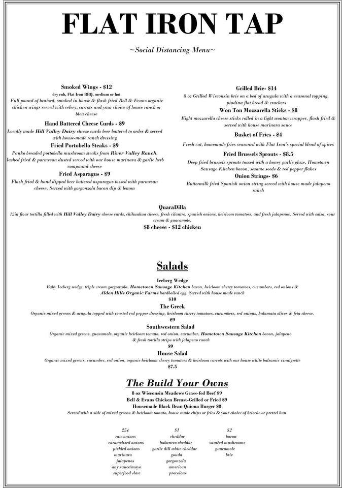 Menu at Flat Iron Tap pub & bar, Lake Geneva