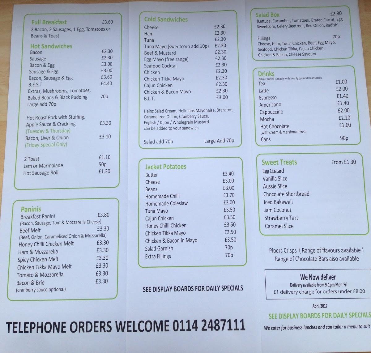 Menu at Sandwich Junction cafe, Sheffield