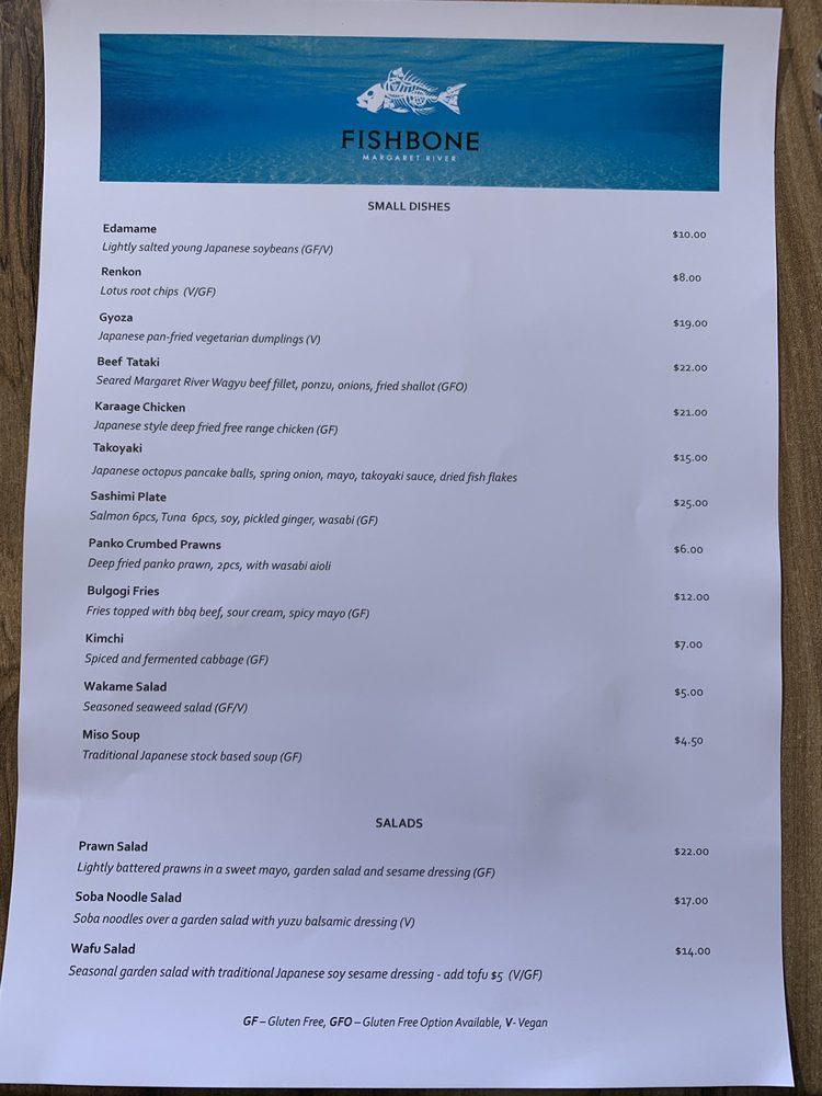 Menu at Fishbone Wines restaurant, Cowaramup