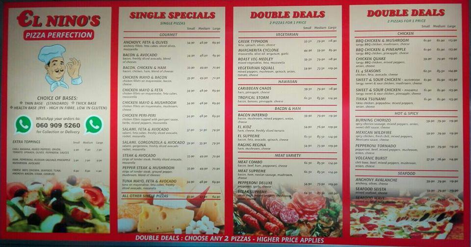 Carta del restaurante El Nino's Pizza, Puerto Elizabeth