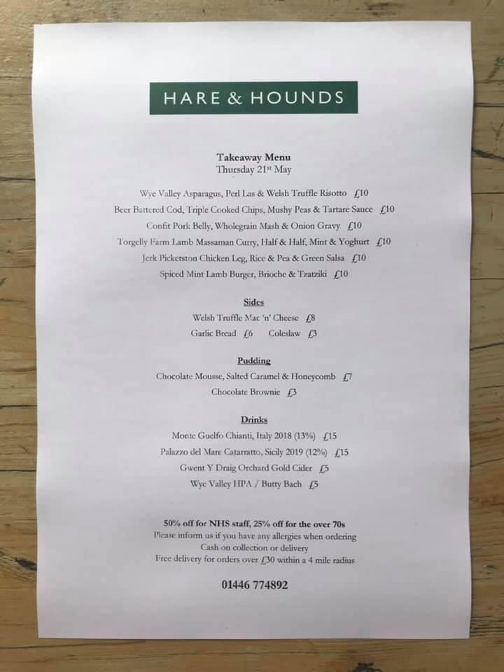 Menu at Hare & Hounds pub & bar, Cowbridge