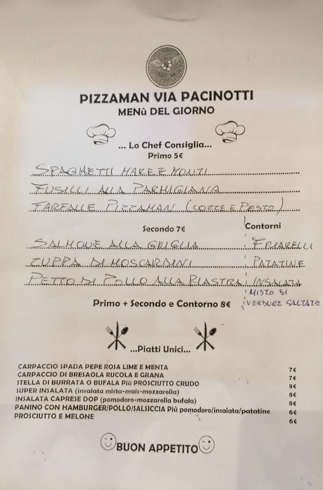 Menu da Pizzaman pizzeria, Firenze, Via Antonio Pacinotti