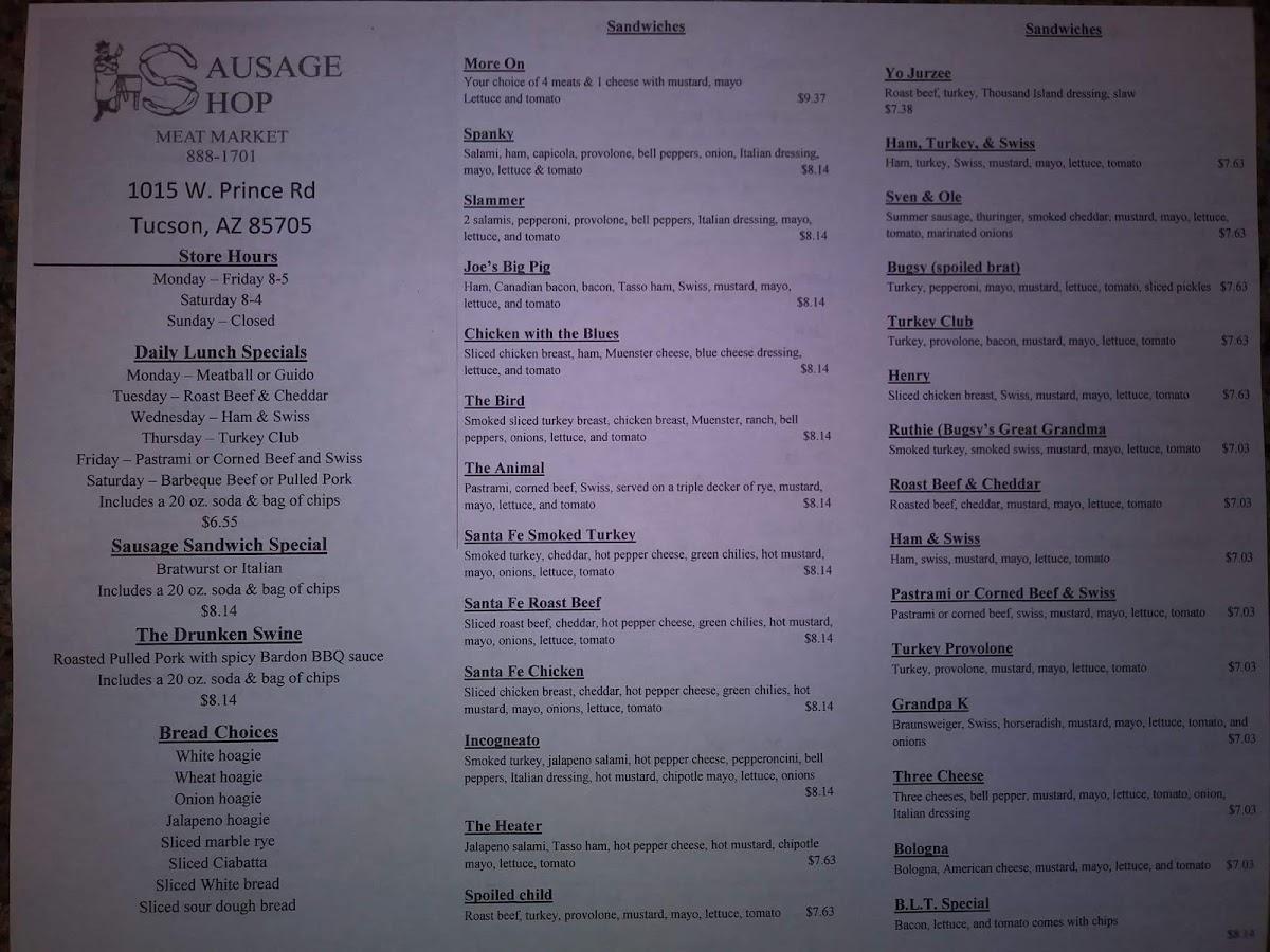 Menu at Sausage Shop Meat Market and Deli restaurant, Tucson, W Prince