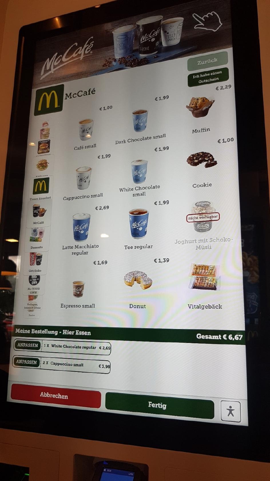 Speisekarte von McDonald