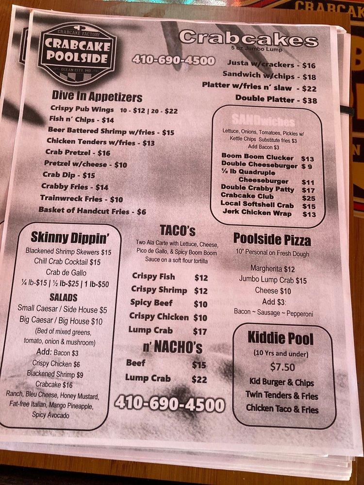 Carta del pub y bar Crabcake Poolside, Ocean City
