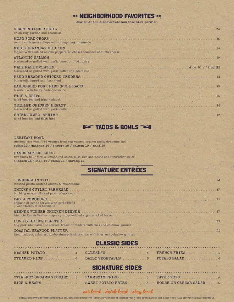 Carta del pub y bar Kickback Neighborhood Tavern, Wellington