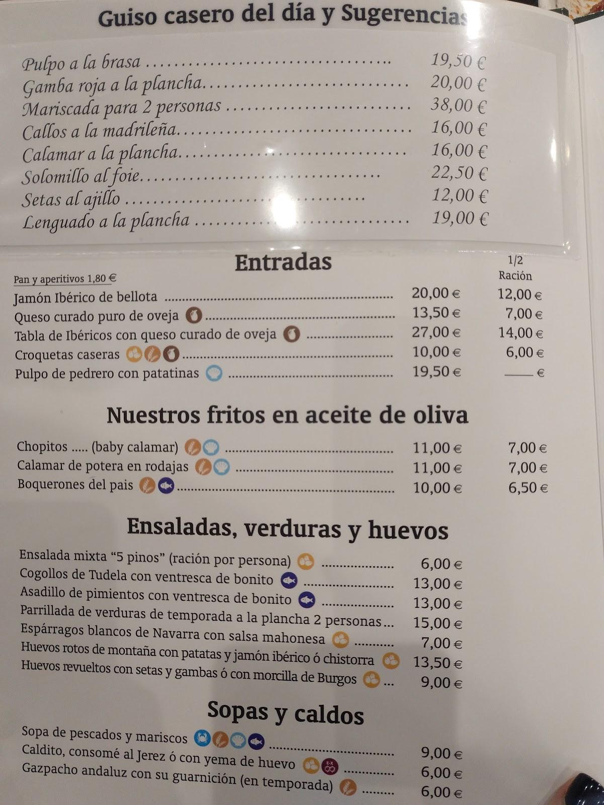 Menu at Los 5 Pinos restaurant, Madrid