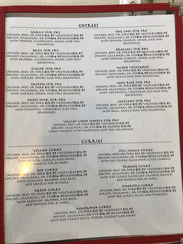 Menu at Thai Valley Cuisine restaurant, Honolulu