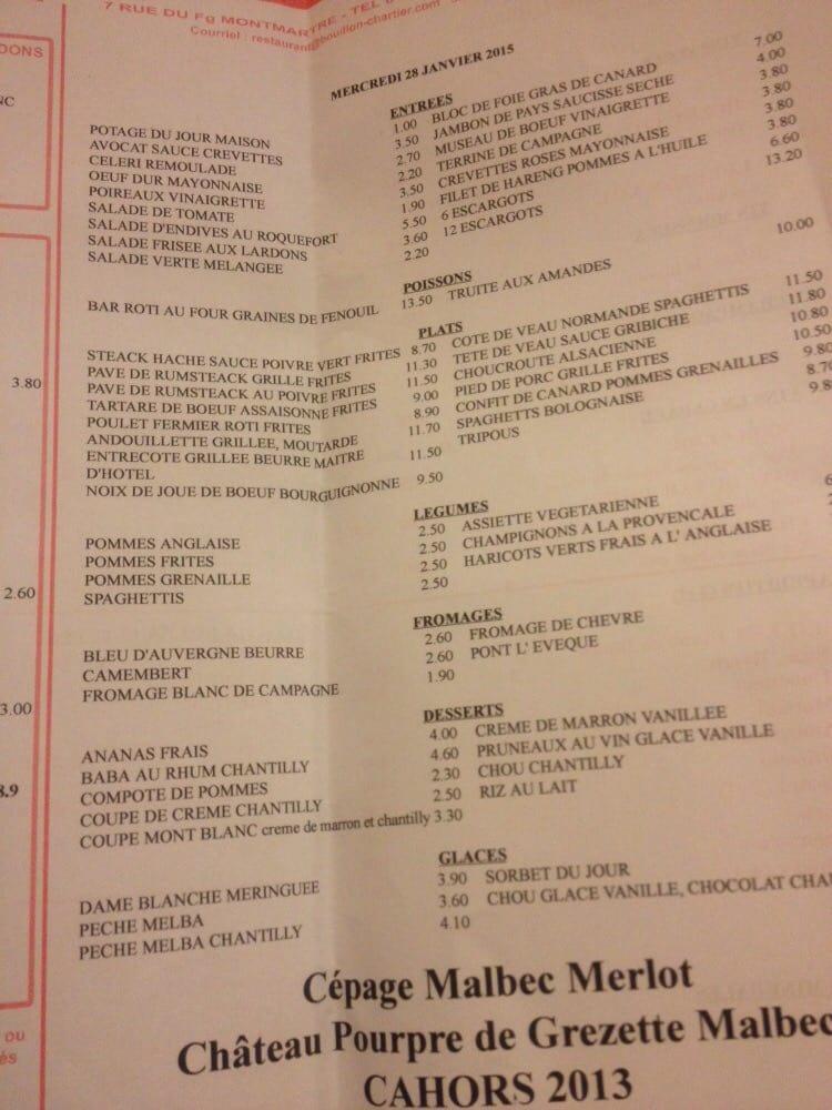 Menu at Bouillon Chartier Grands Boulevards restaurant, Paris, 7 Rue du