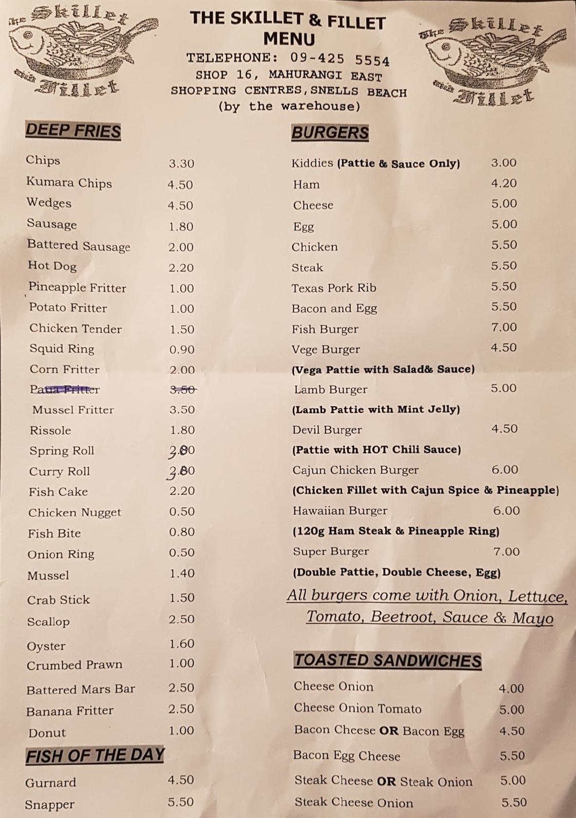 Menu at Skillet & Fillet Takeaways fast food, Matakana