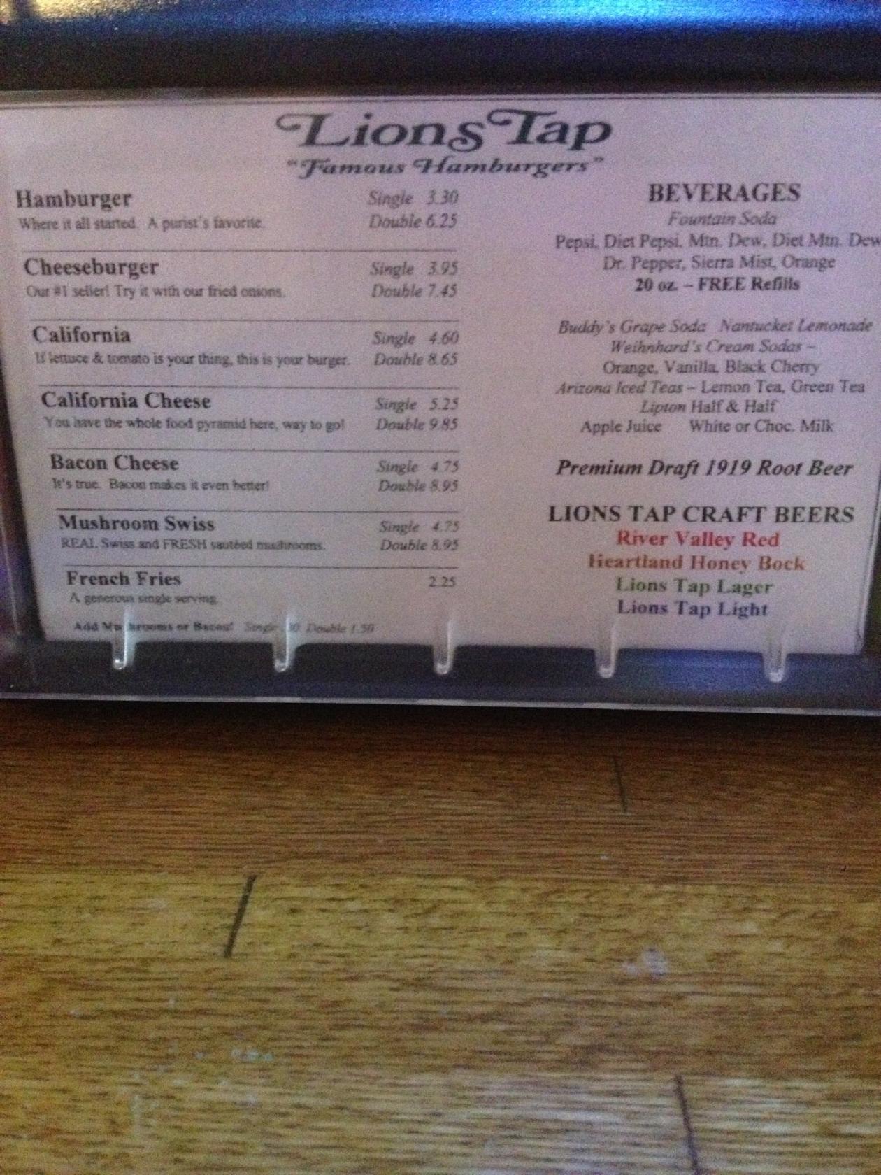 Menu at Lions Tap restaurant, Eden Prairie