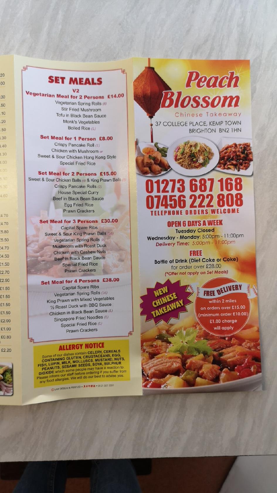 Menu at Peach Blossom fast food, Brighton