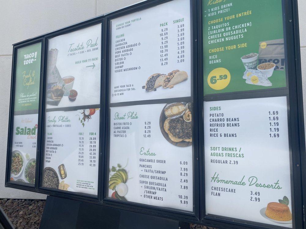 Menu at Tacotote restaurant, El Paso, Joe Battle Blvd