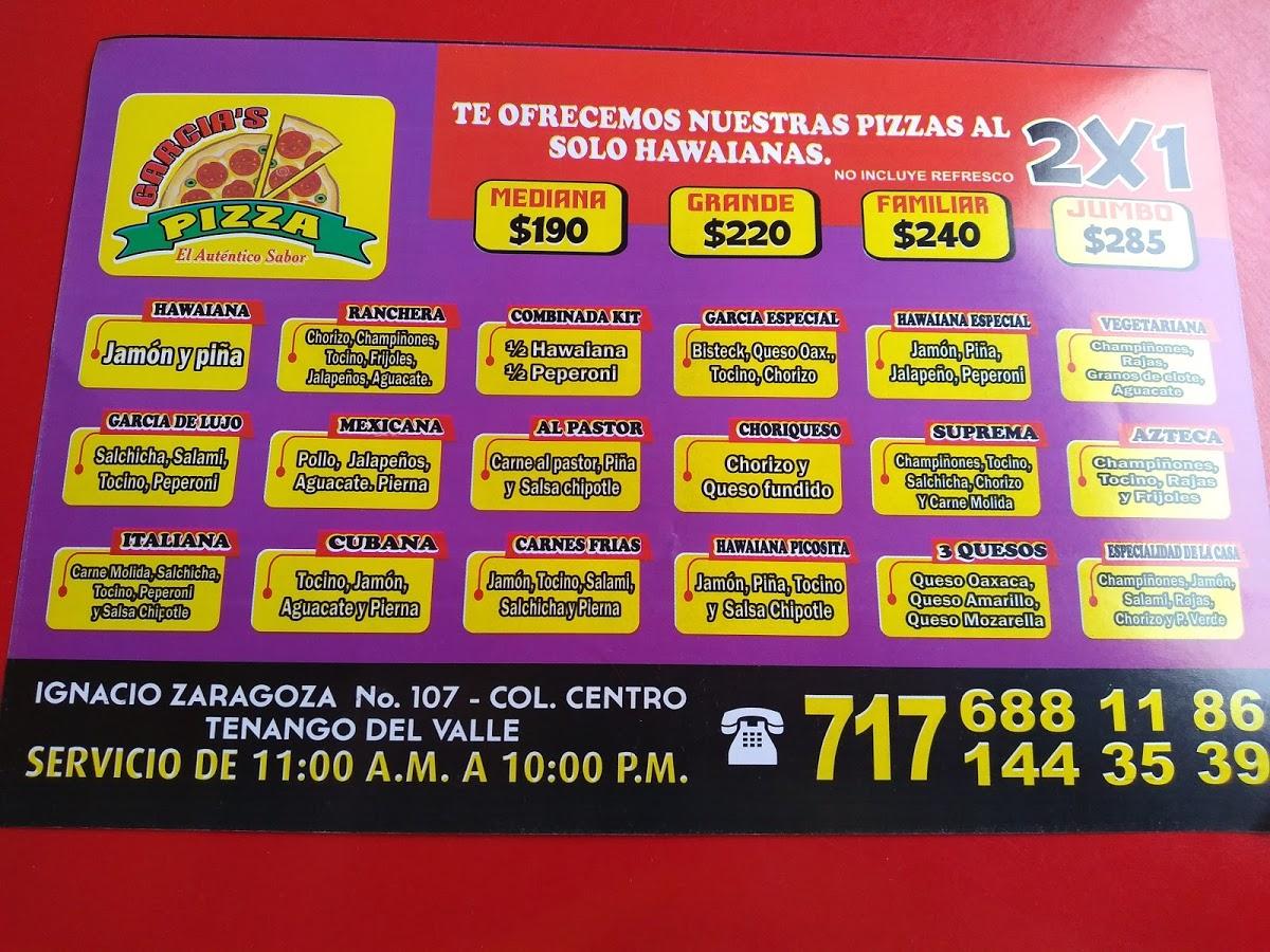 Menu at Garcia's Pizza restaurant, Tenango de Arista