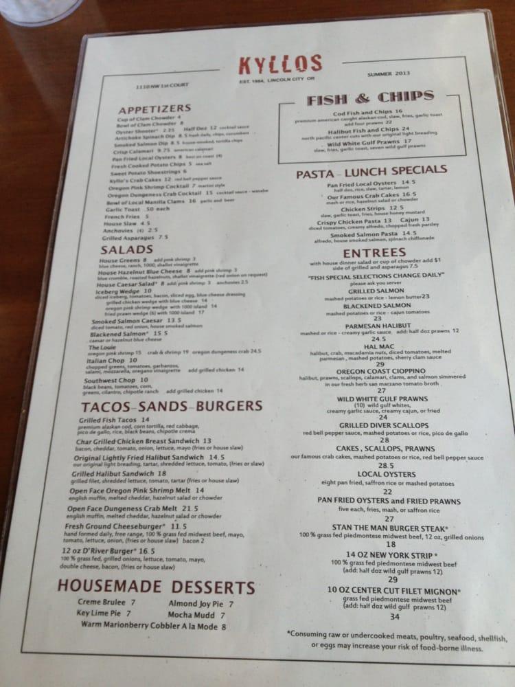 Menu at Kyllo’s Seafood & Grill restaurant, Lincoln City