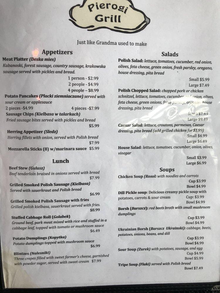 Menu at Pierogi Grill restaurant, Clearwater