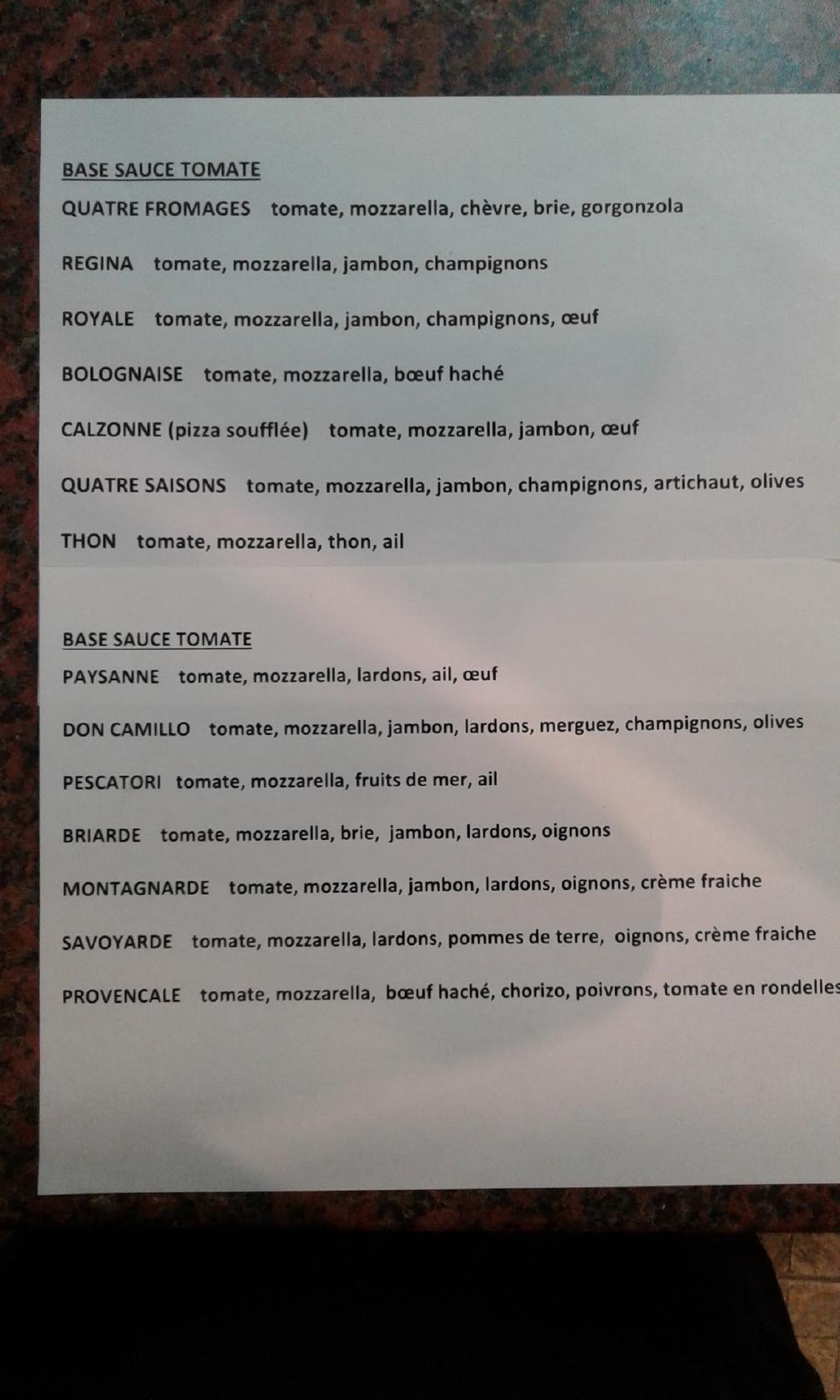 Menu au Don Camillo pizzeria, MillylaForêt
