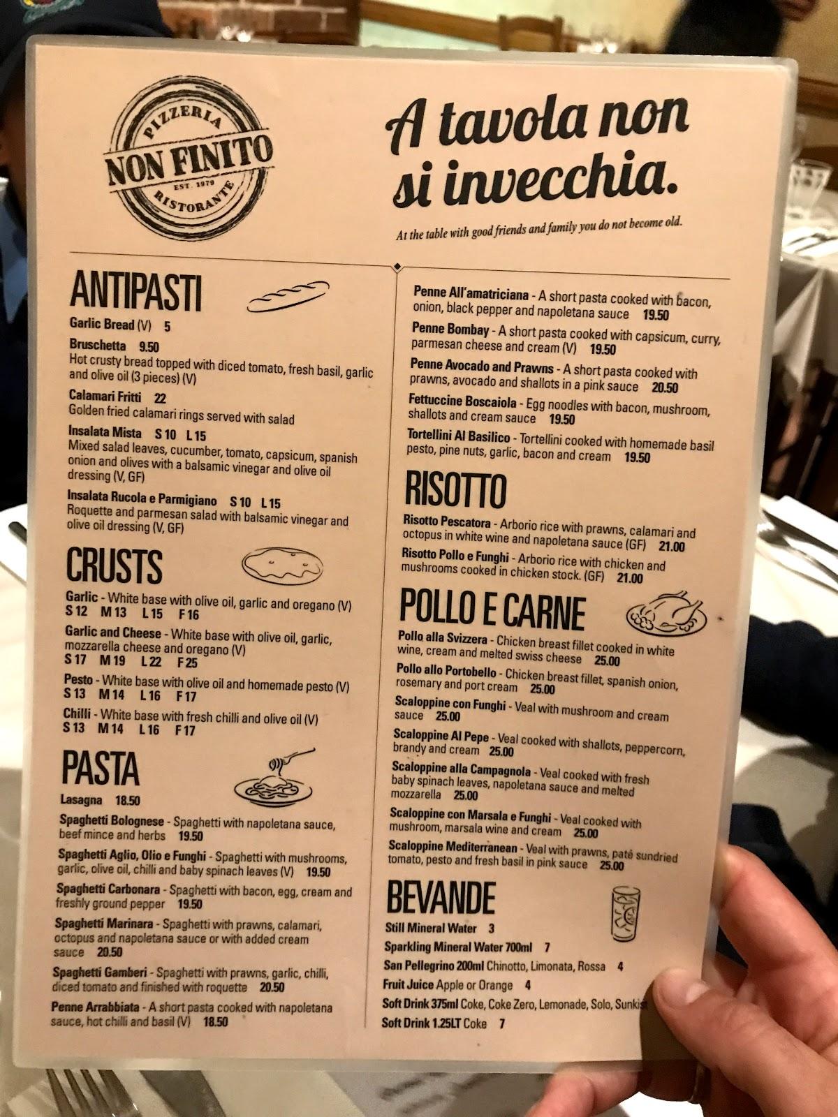 Menu at Non Finito Pizzeria Ristorante, Mortdale
