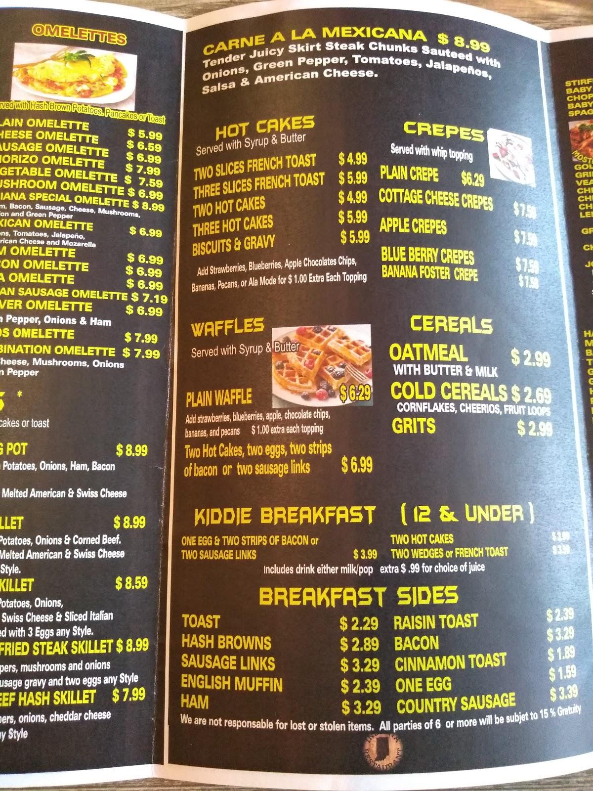 Menu at Indiana Restaurant, East Chicago