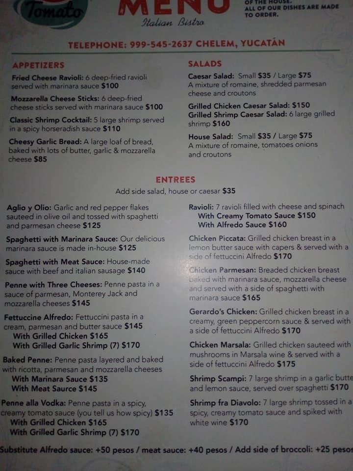Menu at TOMATO italian bistro restaurant, Chelem