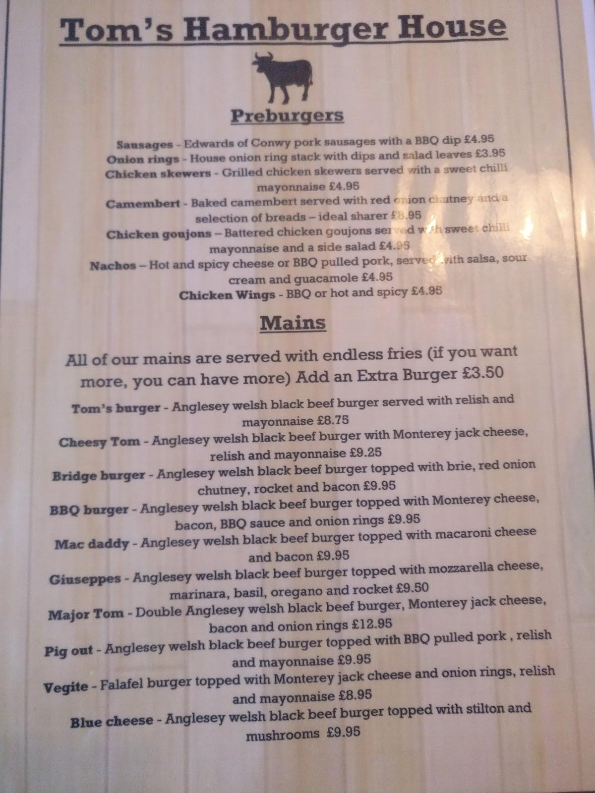 Menu at Tom's Hamburger House restaurant, Menai Bridge