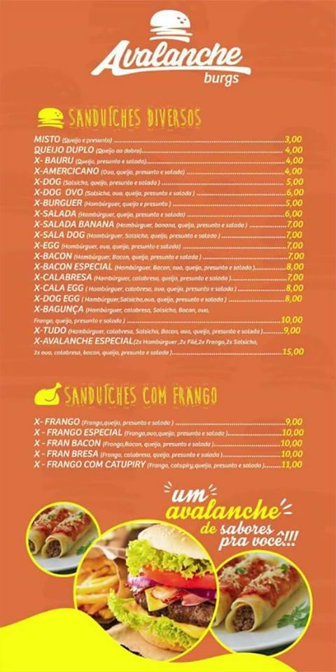 Avalanche cardápio