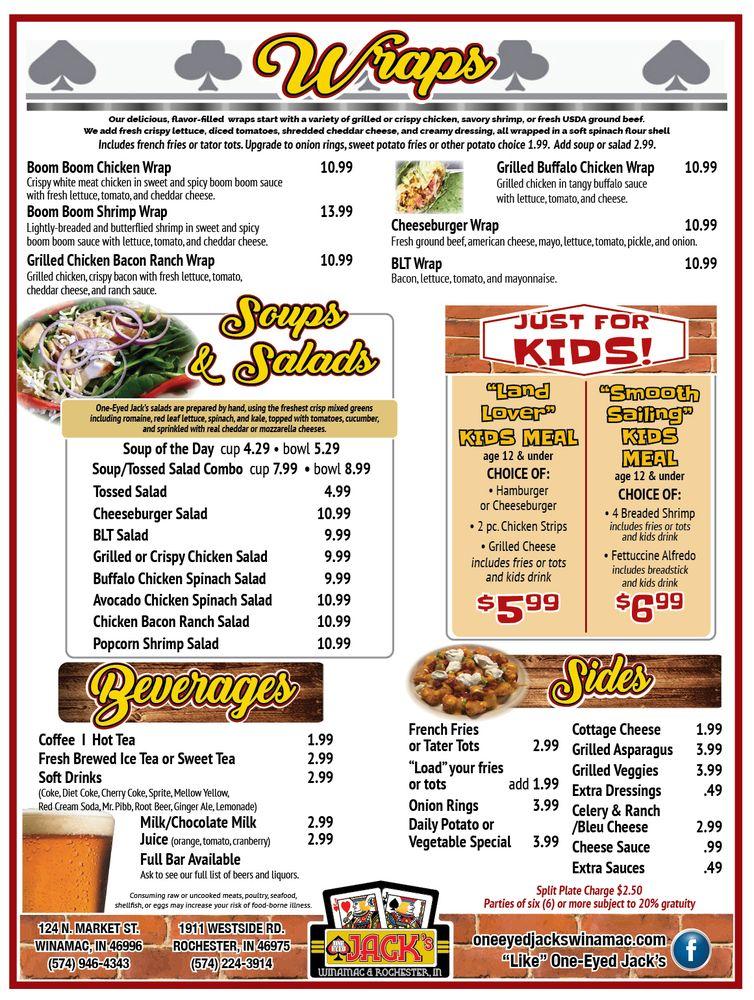 Menu at One Eyed Jack's pub & bar, Winamac