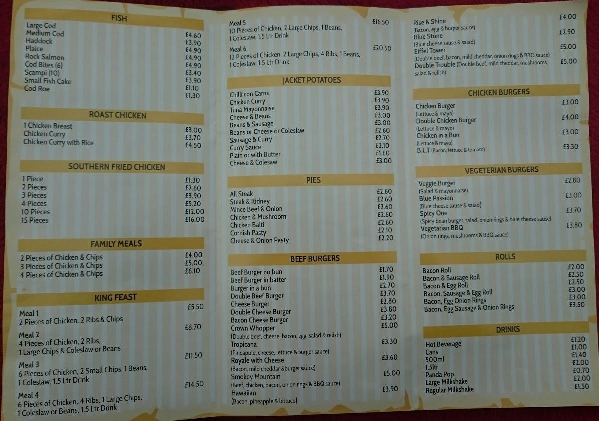 Menu at Crown Mead Fish Bar (Chick King), Thatcham