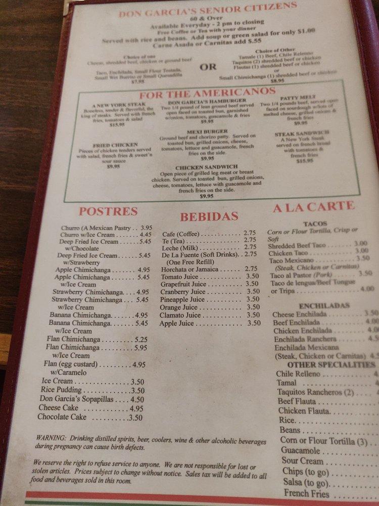 Menu at Don Garcia's Mexican Restaurant, Hesperia