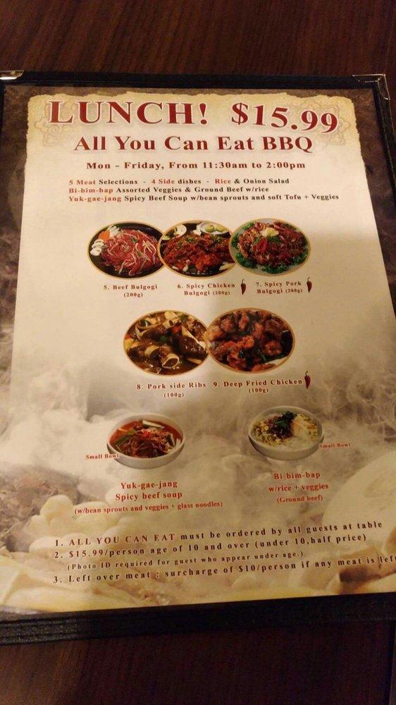 Menu at Seoul Korean BBQ, Calgary