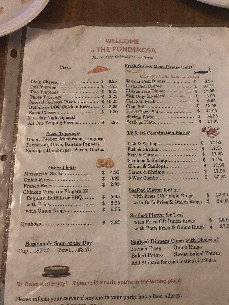 Menu at Ponderosa restaurant,