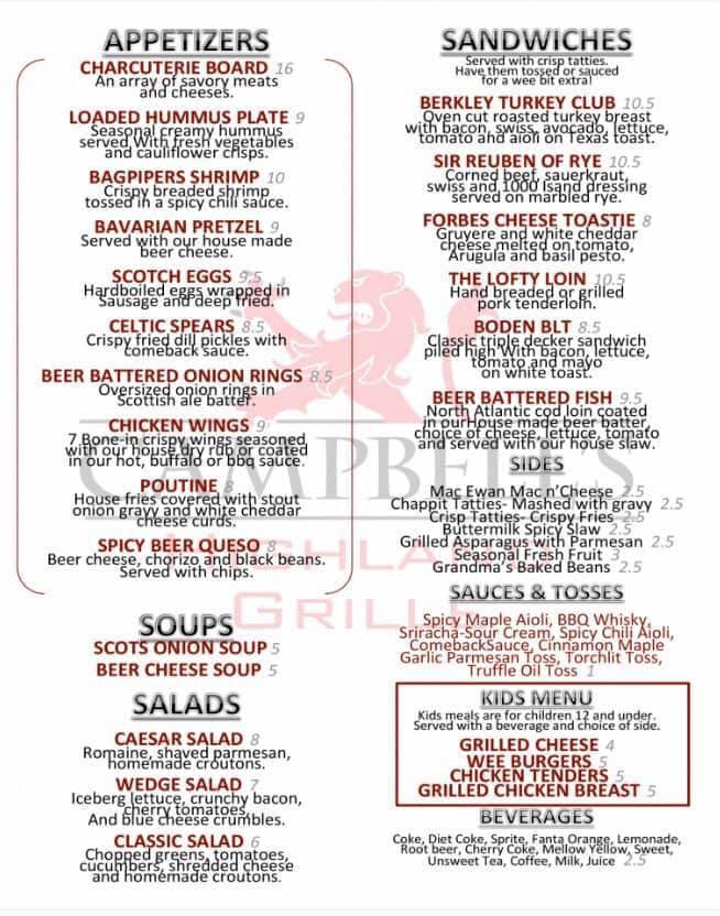 Menu at Campbell's Highland Grille pizzeria, Greenwood