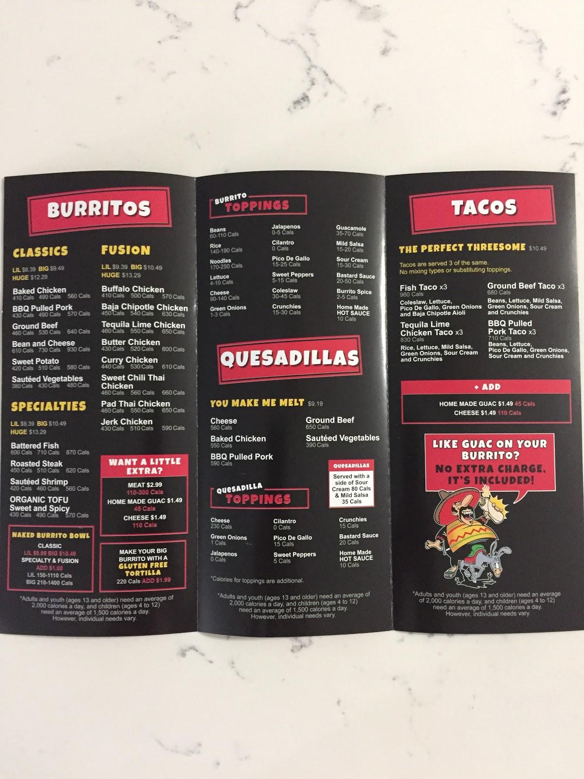 Menu at Fat Bastard Burrito Co. restaurant, Lindsay
