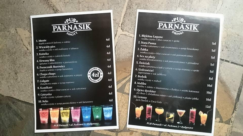Menu at Parnasik pub & bar, Bydgoszcz