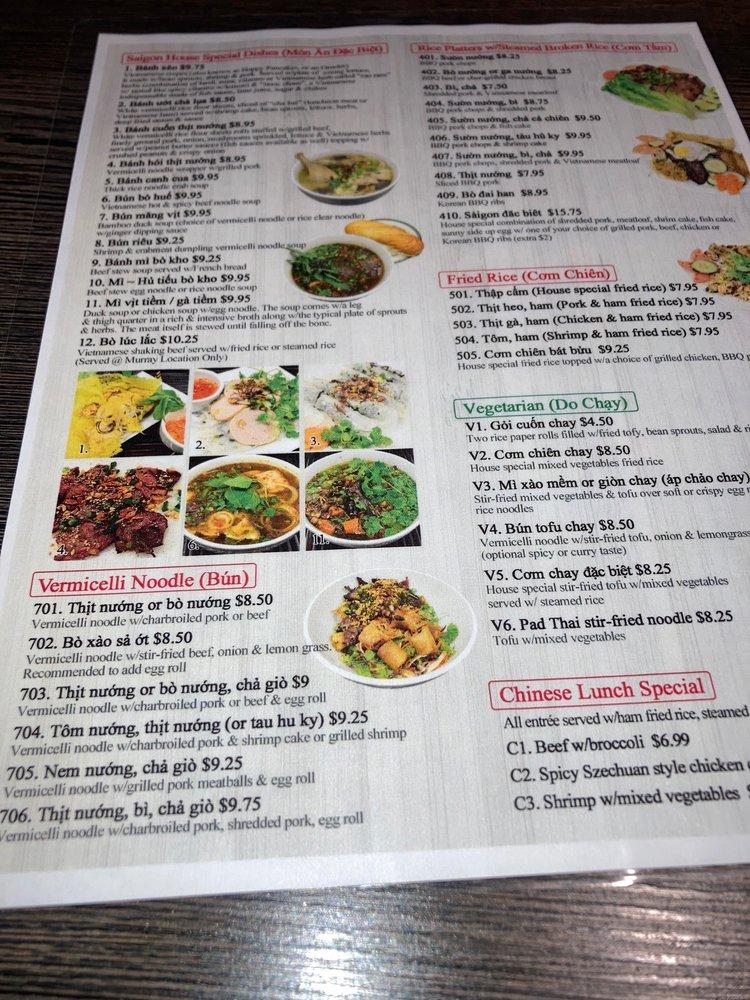 Menu at Phở Saigon Noodle House restaurant, Murray, State St