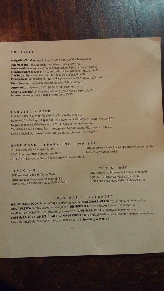 Menu at Zona Rosa restaurant, San Jose