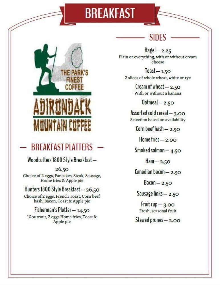 Menu at Adirondack Mountain Coffee Cafe, Upper Jay