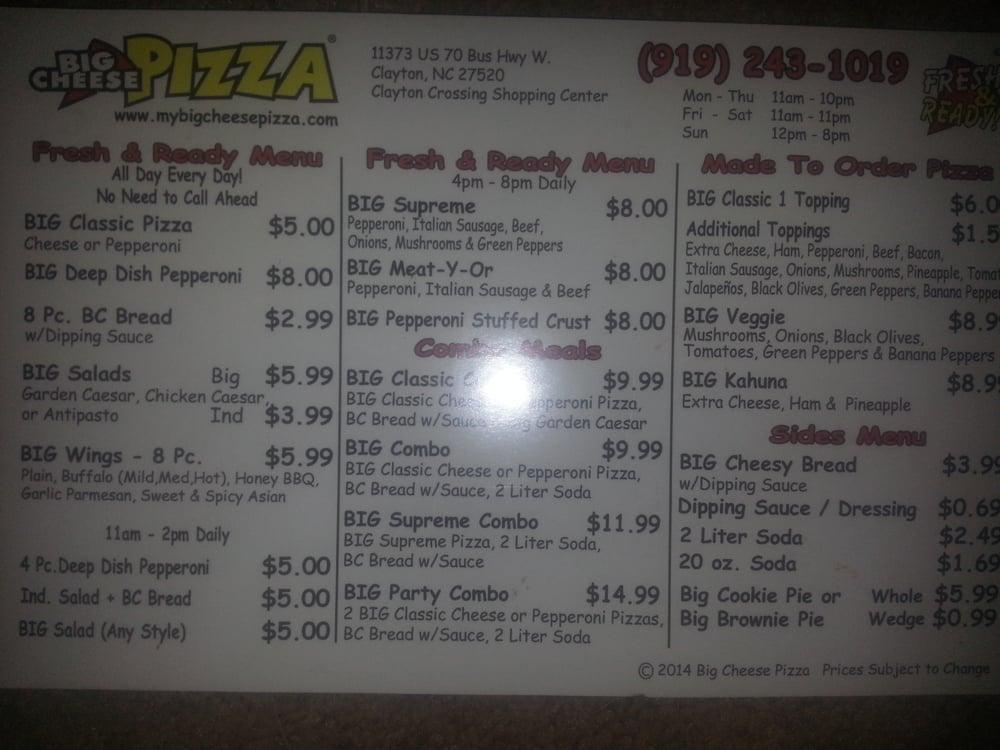 Menu At Big Cheese Pizza - Clayton Crossings Pizzeria, Clayton, US-70 BUS