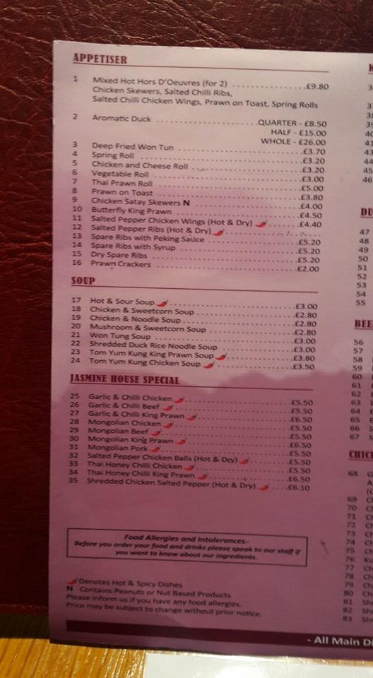 Menu at The Jasmine House restaurant, Arbroath