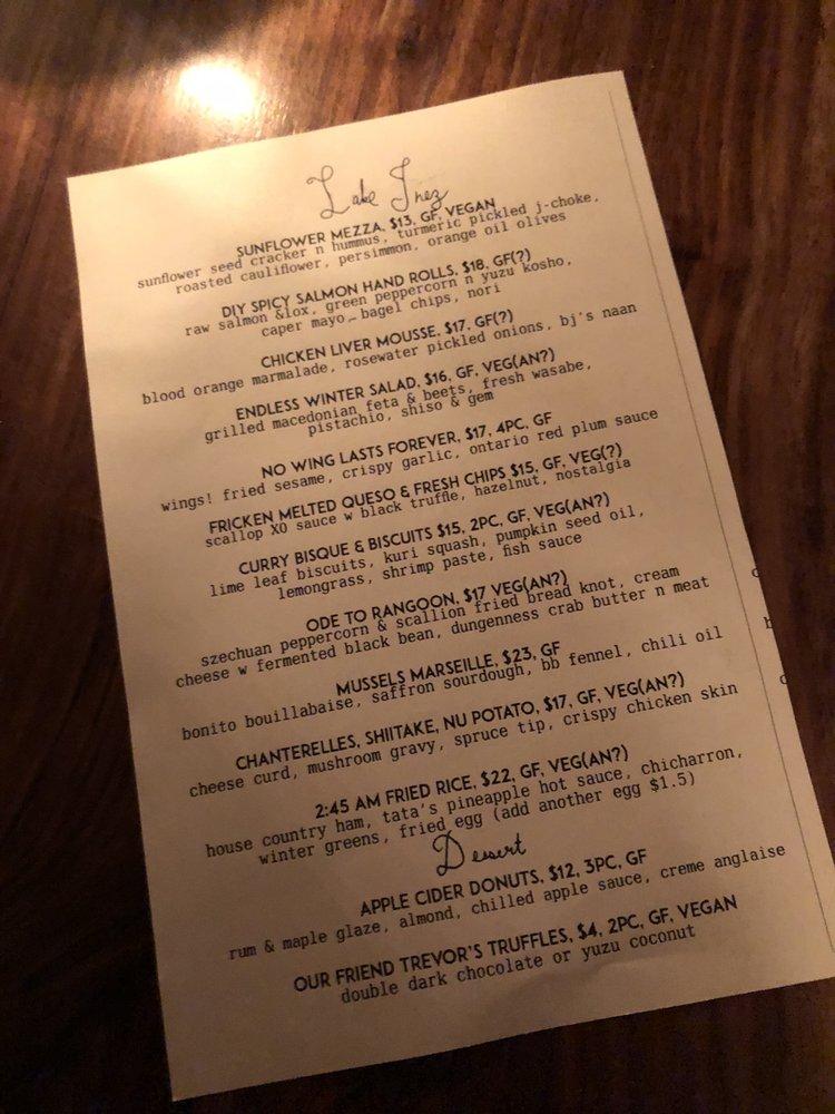 Menu at Lake Inez pub & bar, Toronto