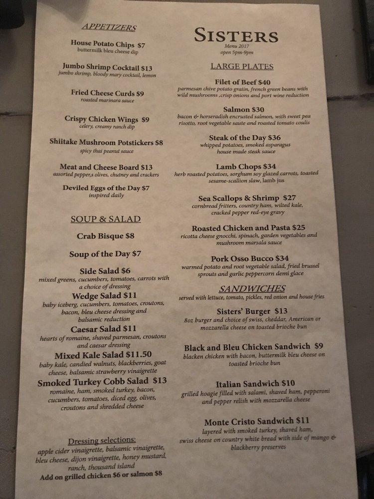 Menu at Sister's American Grill restaurant, Abingdon