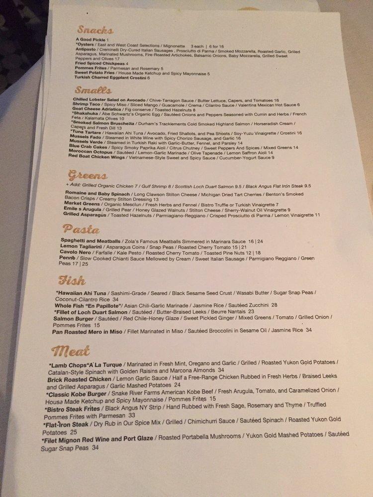 Menu at Café Zola restaurant, Ann Arbor