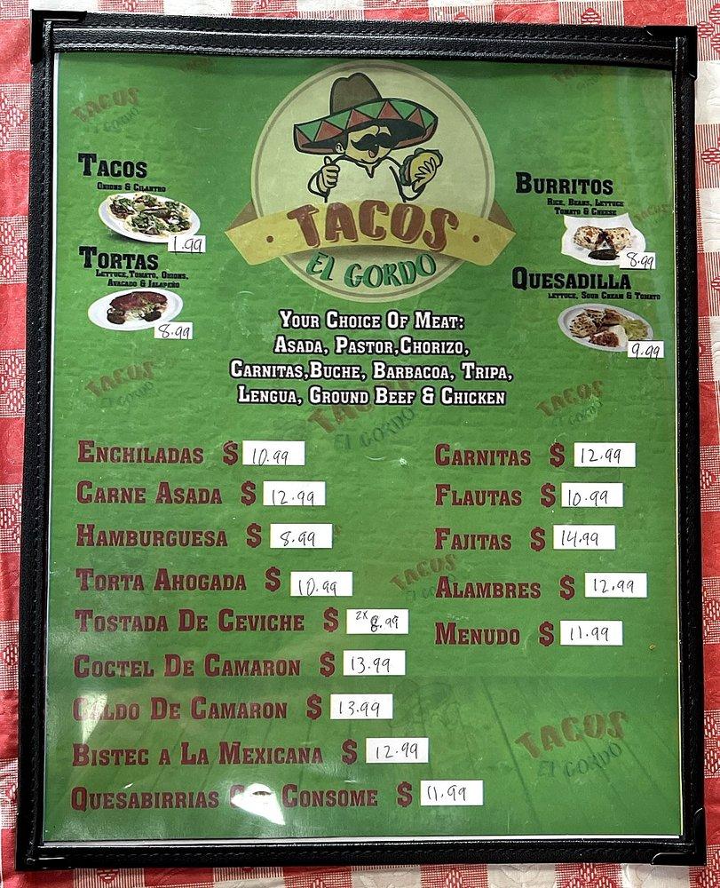 Menu at Tacos El Gordo restaurant, Kansas City