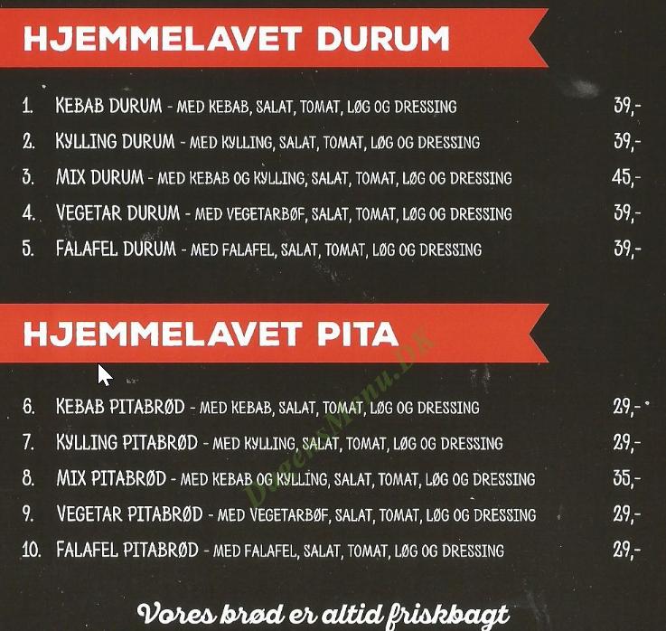 Menu at My Kebab fast food, Copenhagen