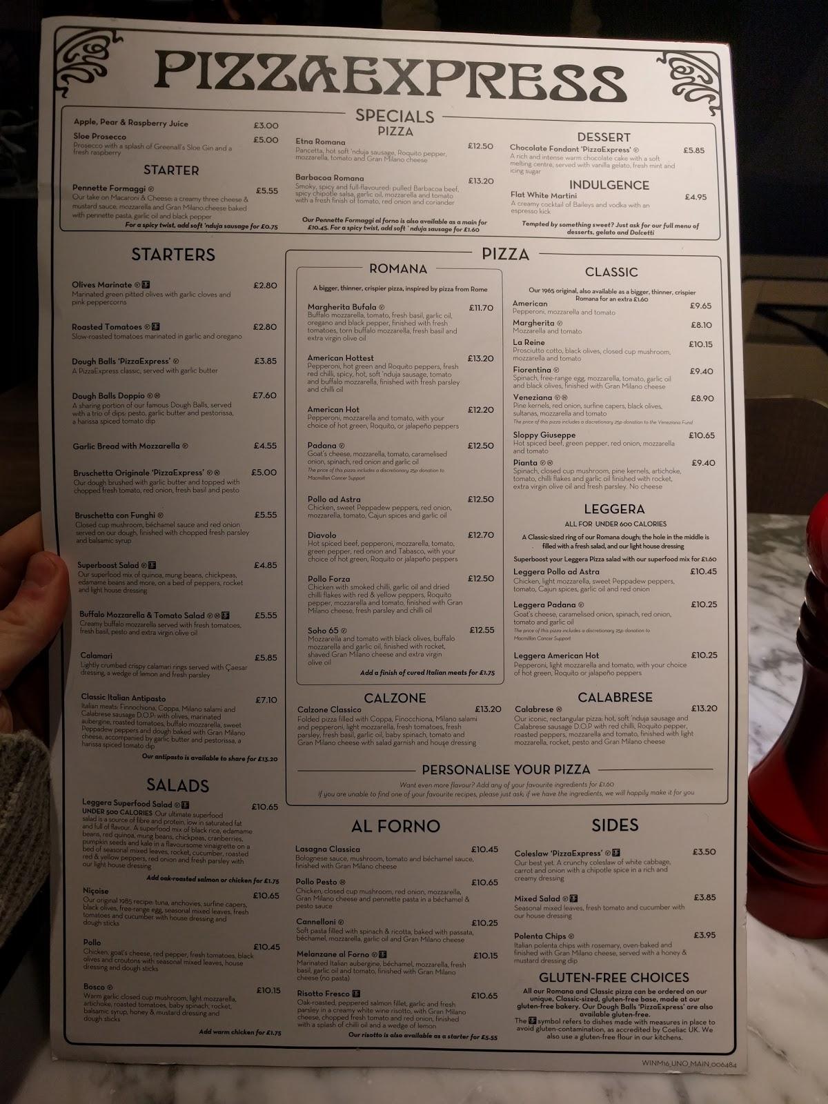 Pizza express menu deals prices