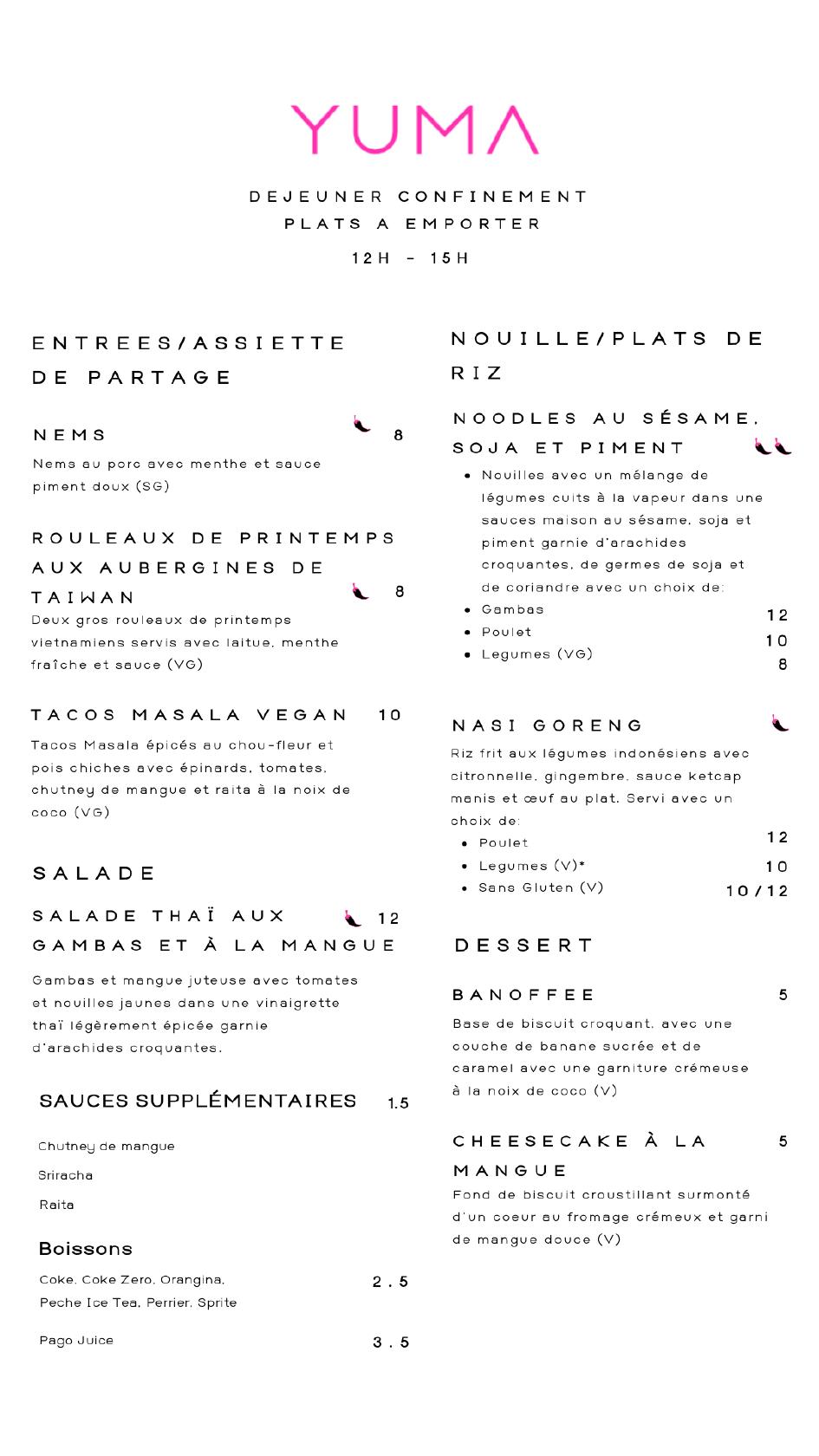 Menu au Yuma Hossegor restaurant, SoortsHossegor